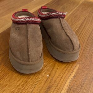 UGG Tan Suede Slip-Ons with Red Accents